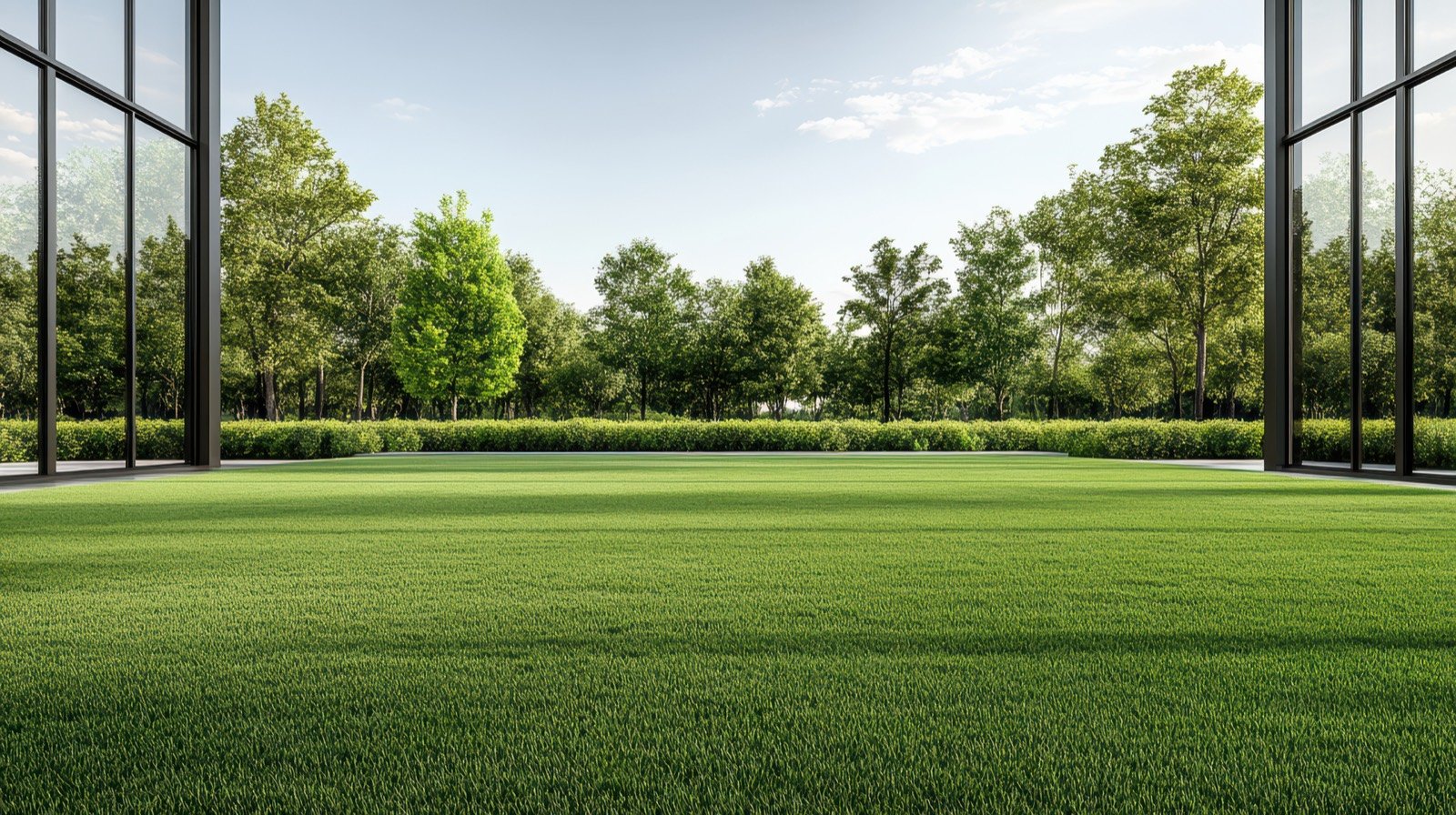 Commercial office building lawn with glass facade