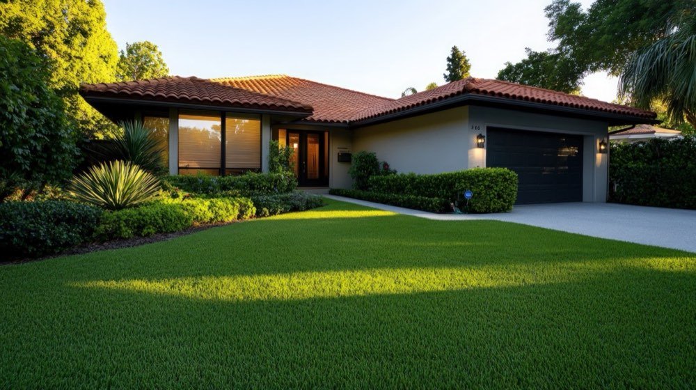Residential front yard with newly installed artificial turf